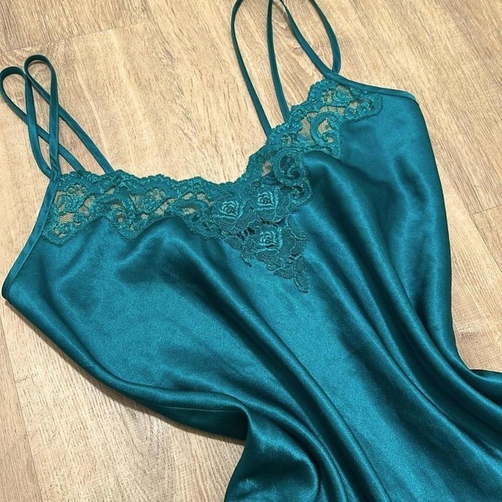 VINTAGE | INNER MOST | Woman's Emerald Green Lace Satin Nightgown Chemise, S - Picture 6 of 6